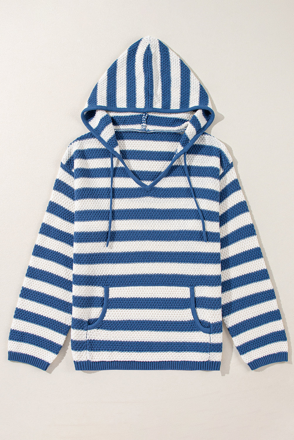 White Stripe V Neck Pocketed Drawstring Hooded Sweater