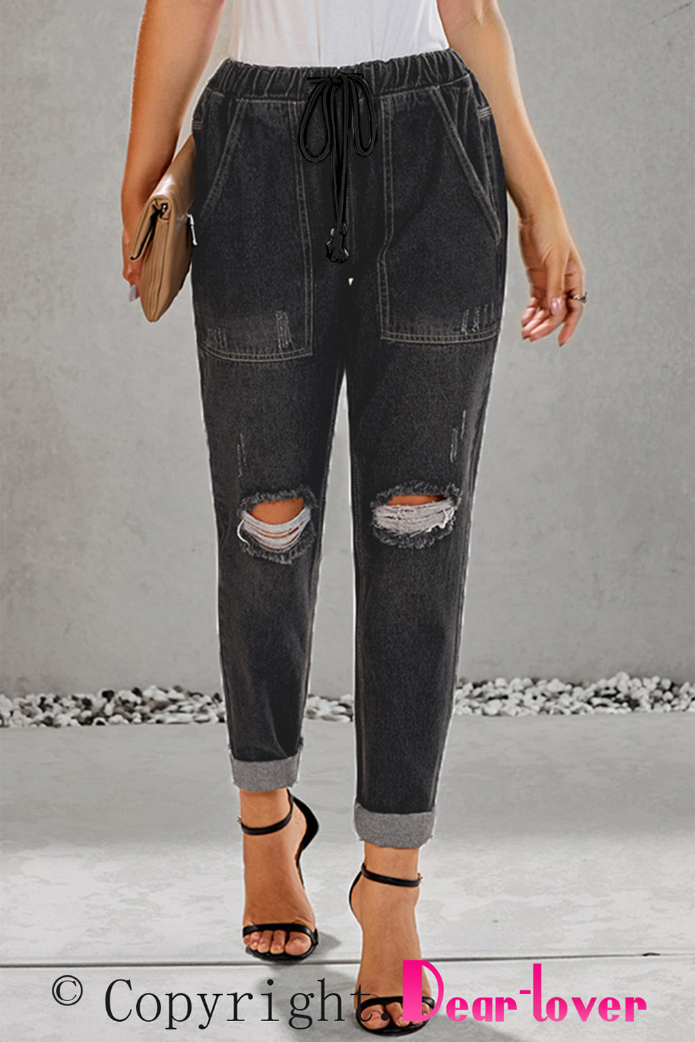Sky Blue Gather Round Distressed Pocketed Denim Jogger