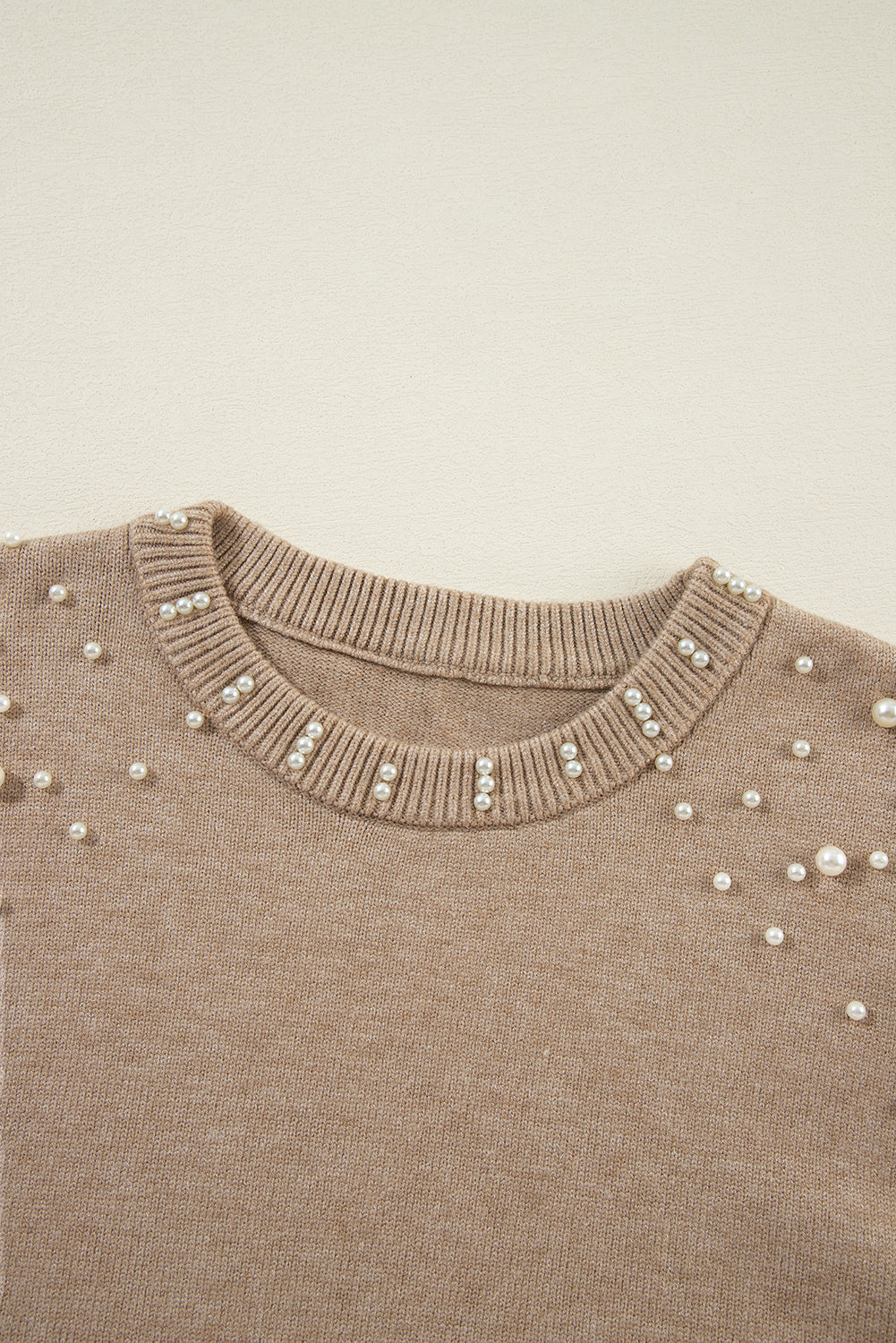 Light Grey Pearled Drop Shoulder Round Neck Sweater