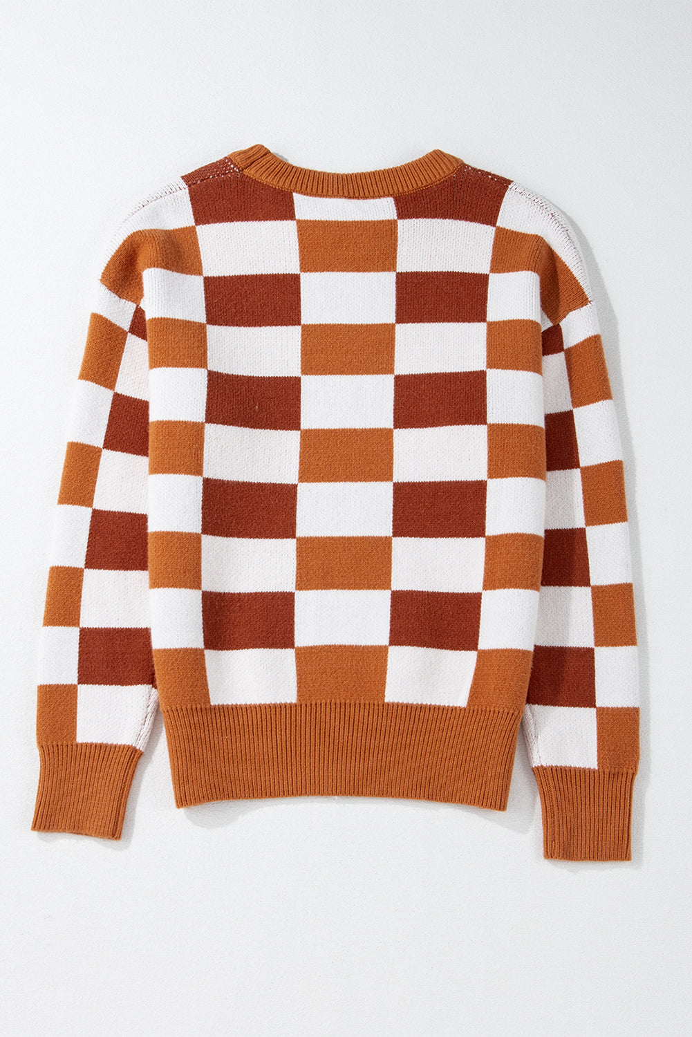 Pink Checkered Ribbed Edge O Neck Drop Shoulder Sweater
