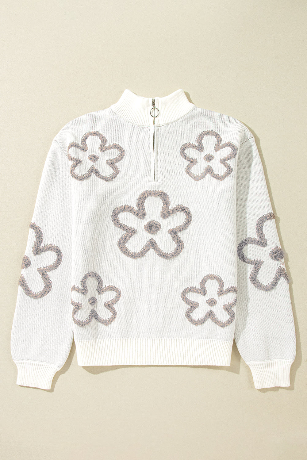 Parchment Contrast Flower Half Zipper Stand Neck Sweater