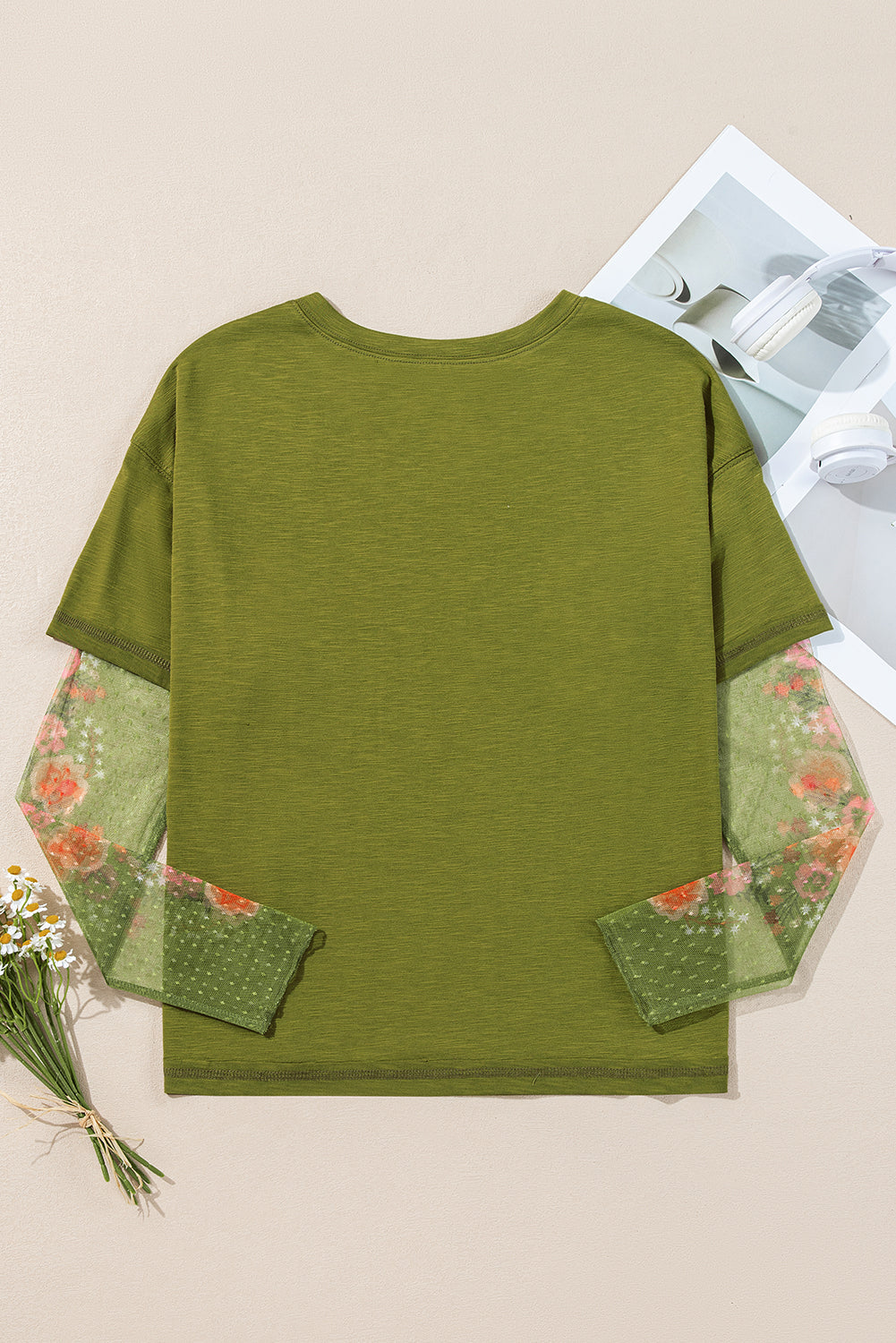 White Faux Two Piece Floral Long Sleeve Patchwork Tee