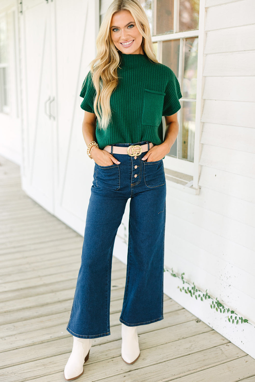 Beau Blue Patch Pocket Ribbed Knit Short Sleeve Sweater