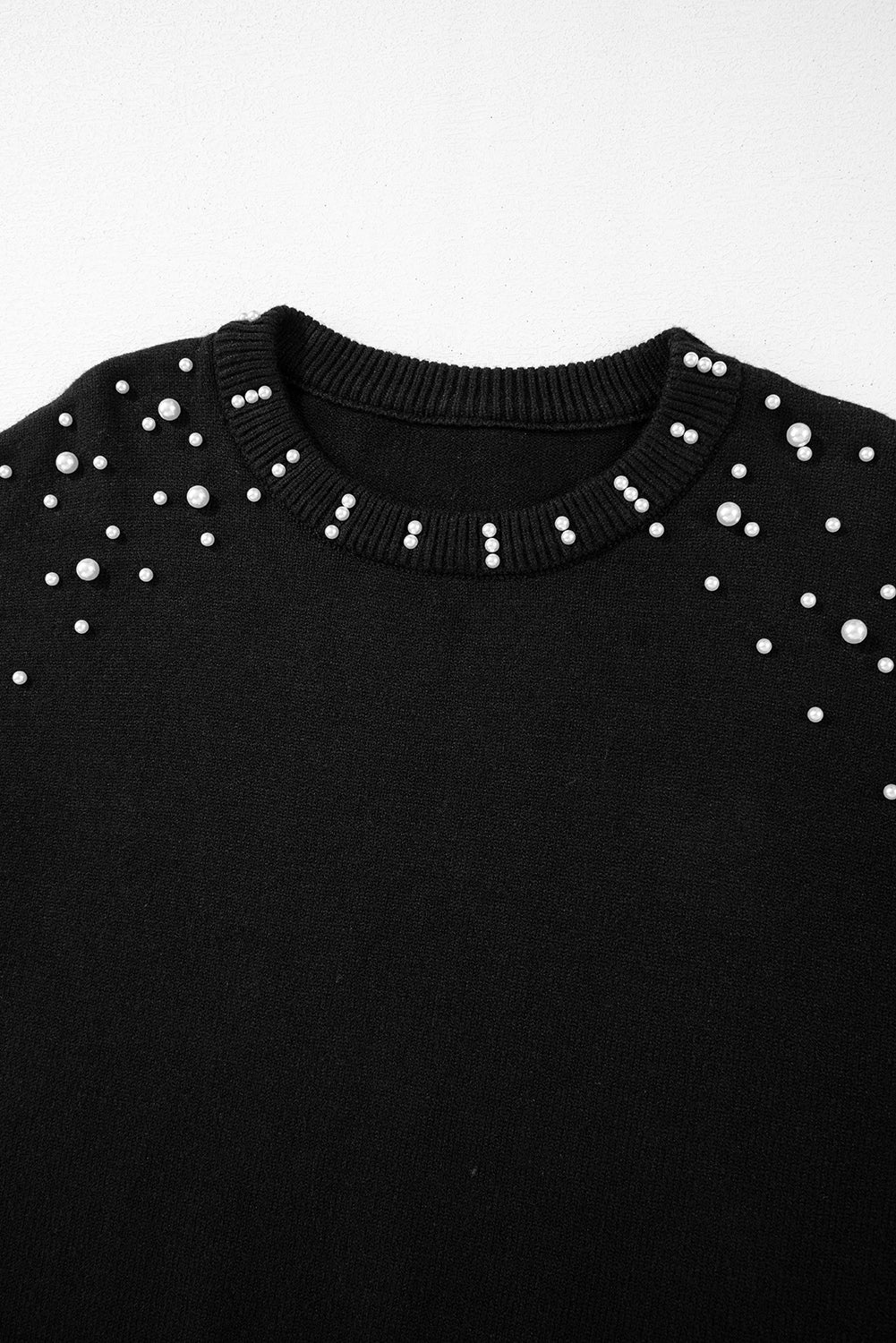 Light Grey Pearled Drop Shoulder Round Neck Sweater