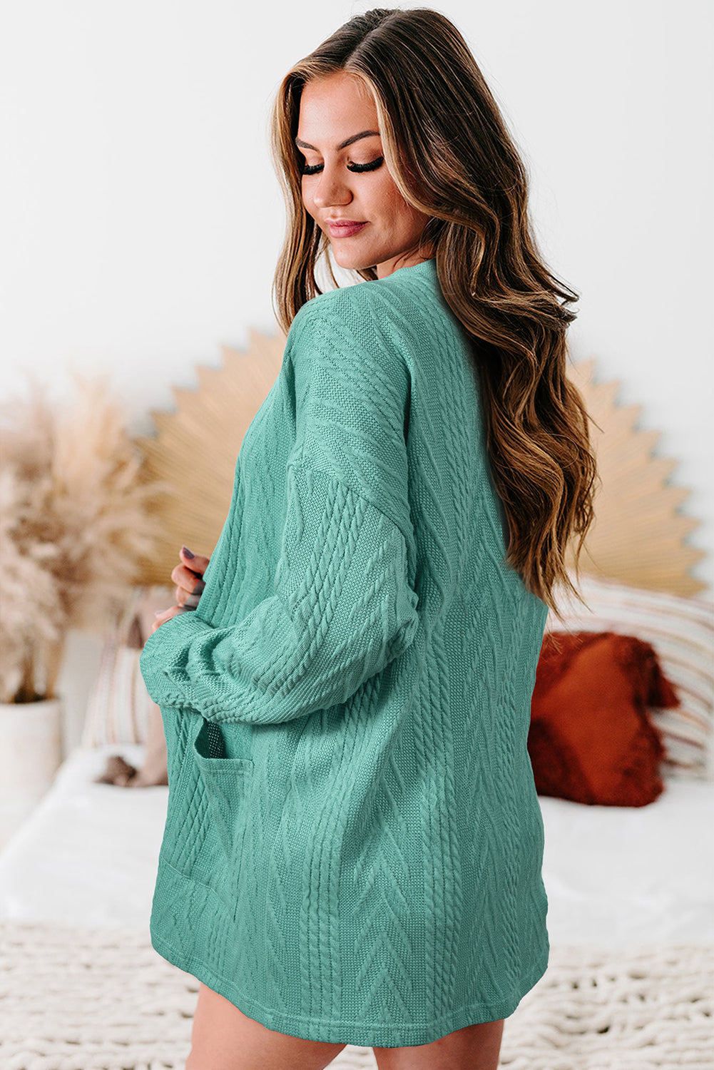 Medium Grey Solid Textured Open Front Cardigan with Pocket