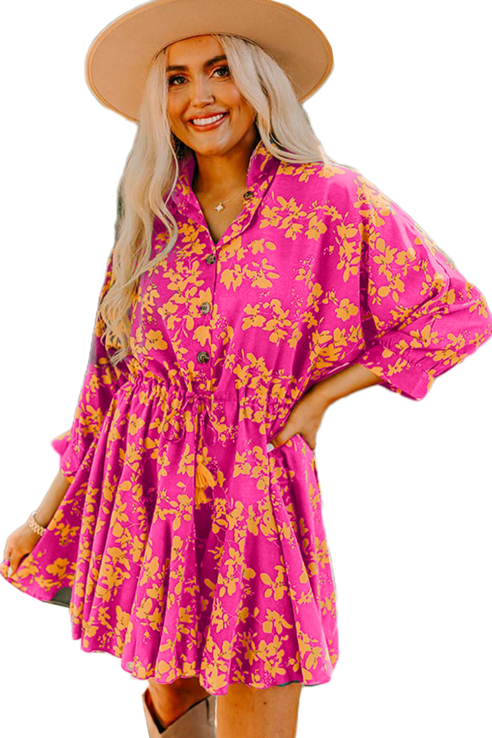 Green Floral Print Drawstring Tunic Flowy Short Dress