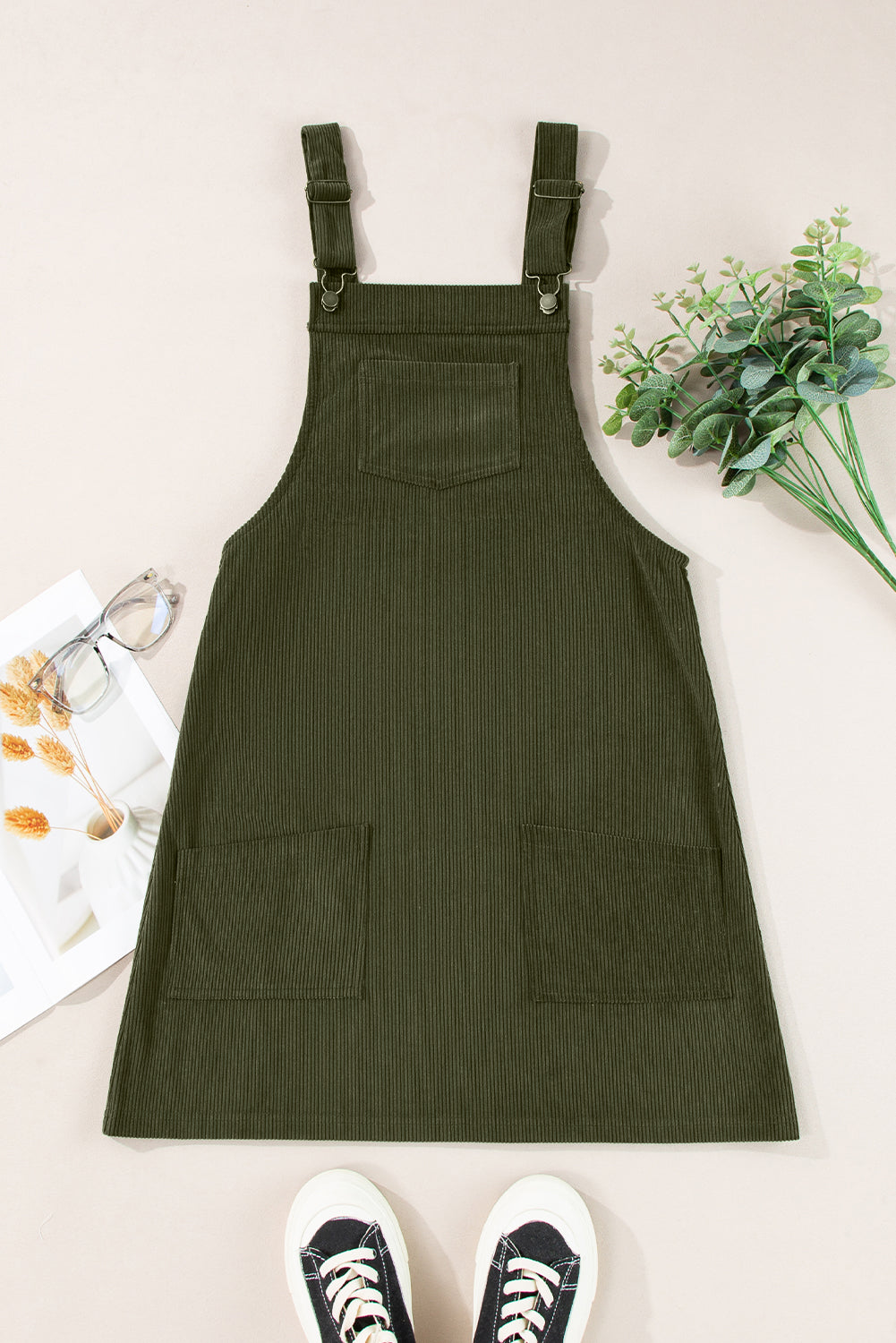 Black Solid Front Pockets Sleeveless Corduroy Overall Dress