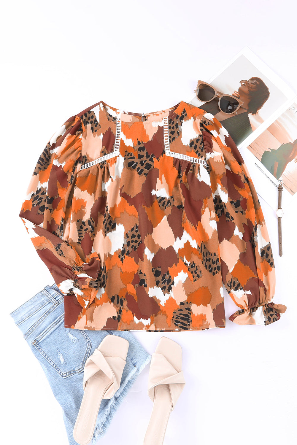 Pink Abstract Printed Long Sleeve Blouse