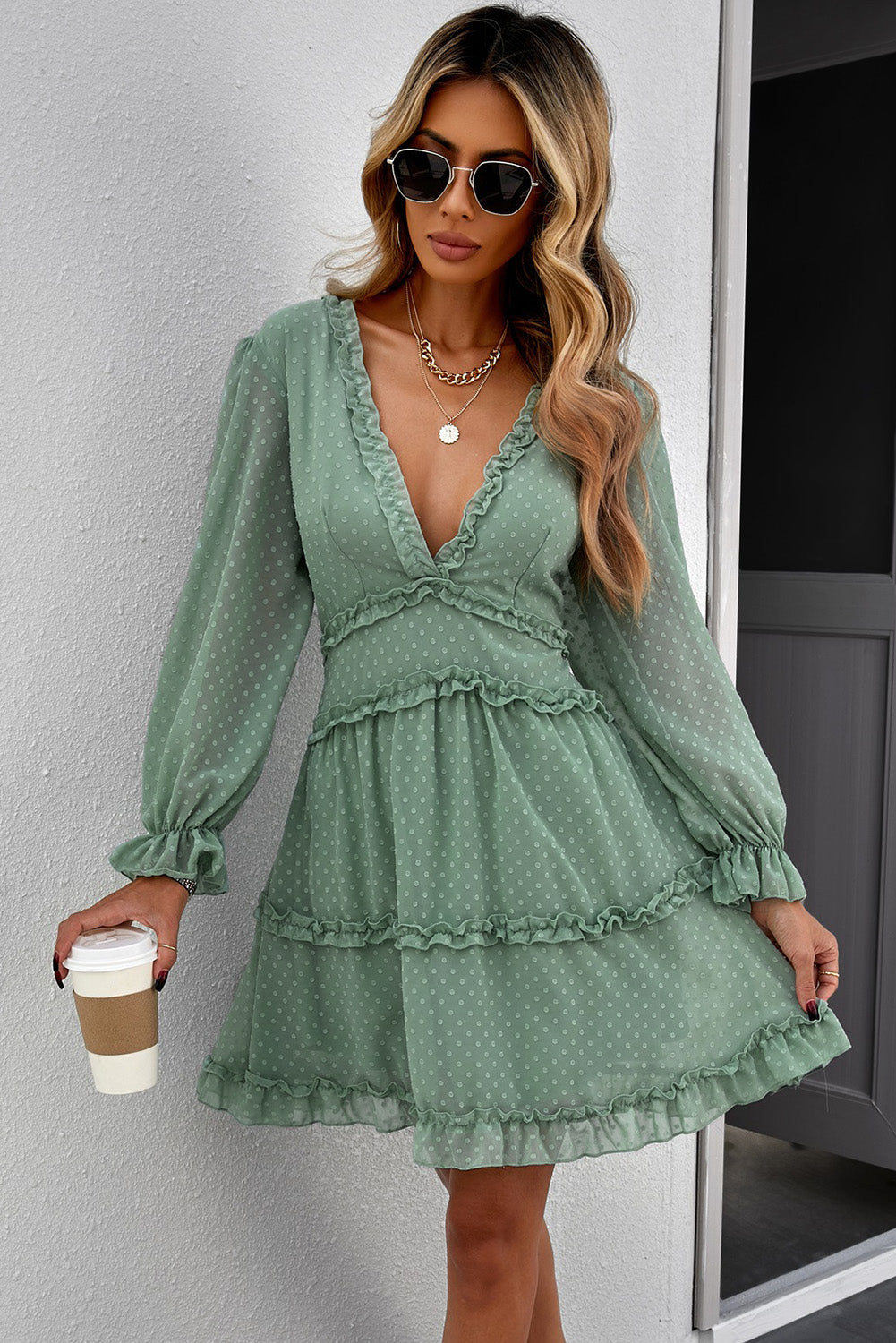 Pink Layered Ruffled Open Back Puff Sleeve Swiss Dot Mini Dress