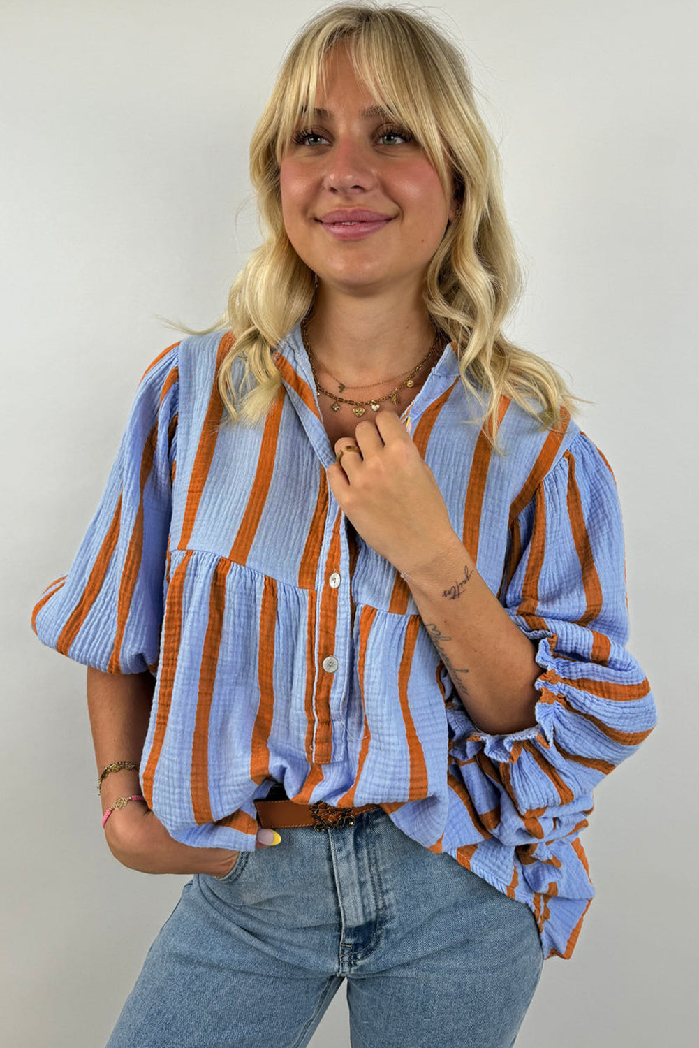 Black Stripe Crinckled Ruffled Sleeve Button up Loose Shirt