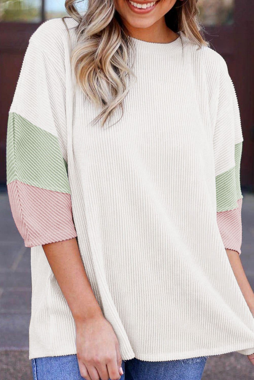 Carbon Grey Color Block Ribbed Knit Quarter Sleeve Top