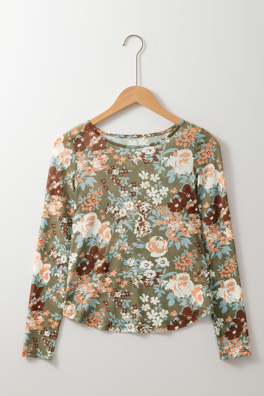 Black Floral Print Mesh Fitted Long Sleeve Top