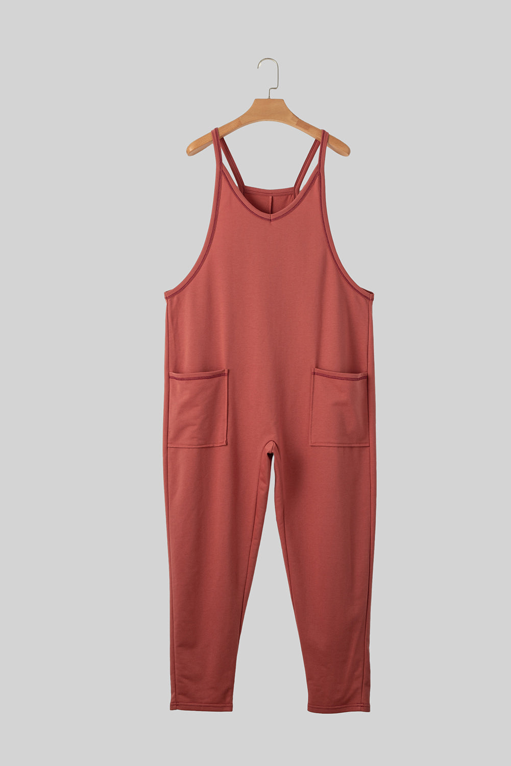 Apricot Side Pockets Harem Pants Sleeveless V Neck Jumpsuit