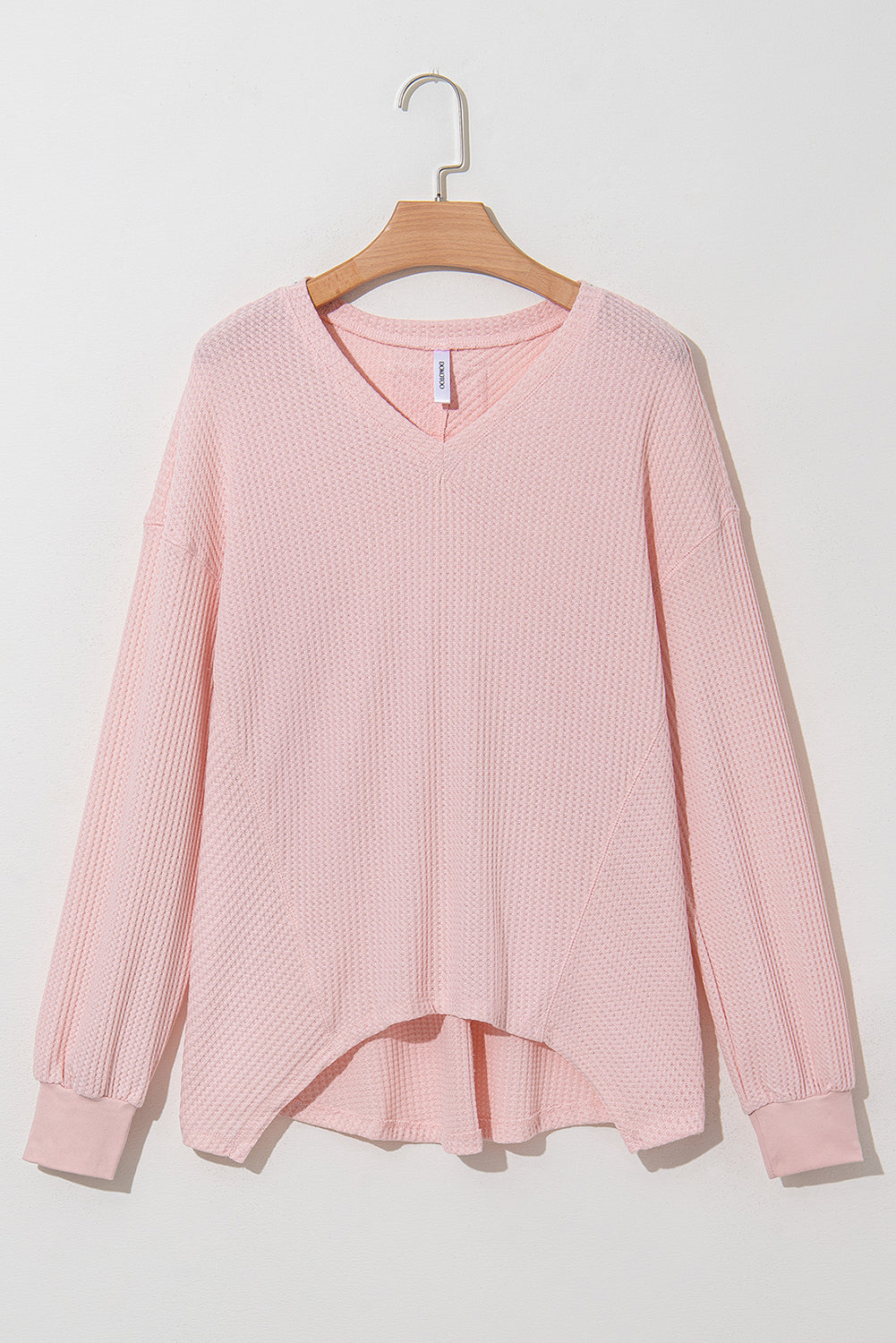 Orchid Petal Waffle V Neck Long Sleeve Drop Shoulder Loose Blouse
