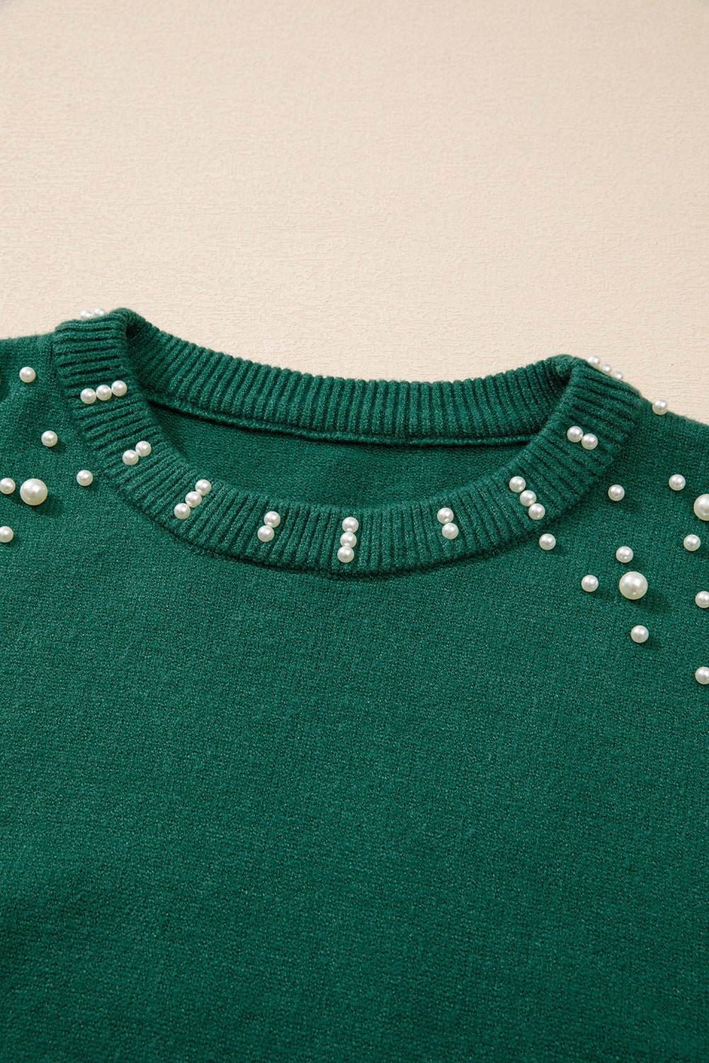 Light Grey Pearled Drop Shoulder Round Neck Sweater