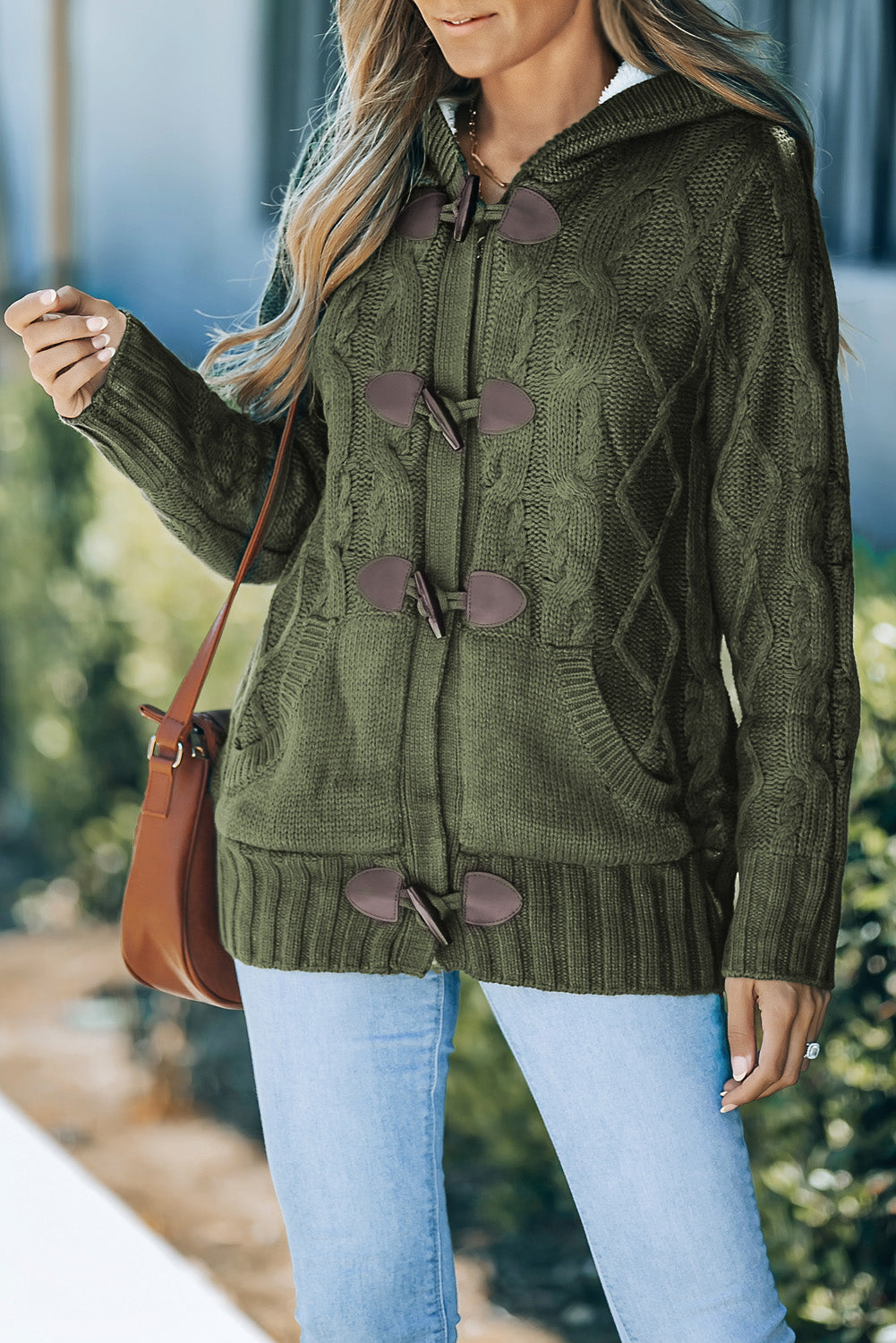 Fur Hood Horn Button Sweater Cardigan