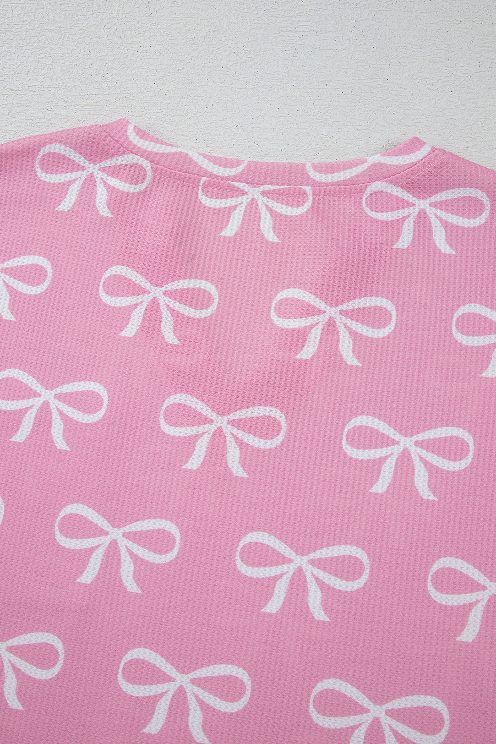 Pink Waffle Knit Bowknot Printed V Neck T Shirt and Shorts Set