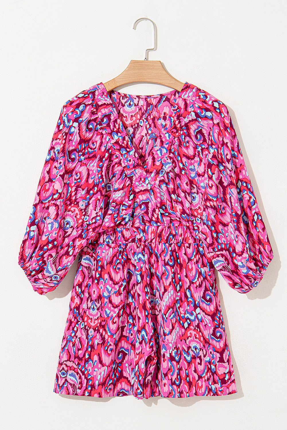 Green Abstract Print Puff Sleeve V Neck High Waist Romper
