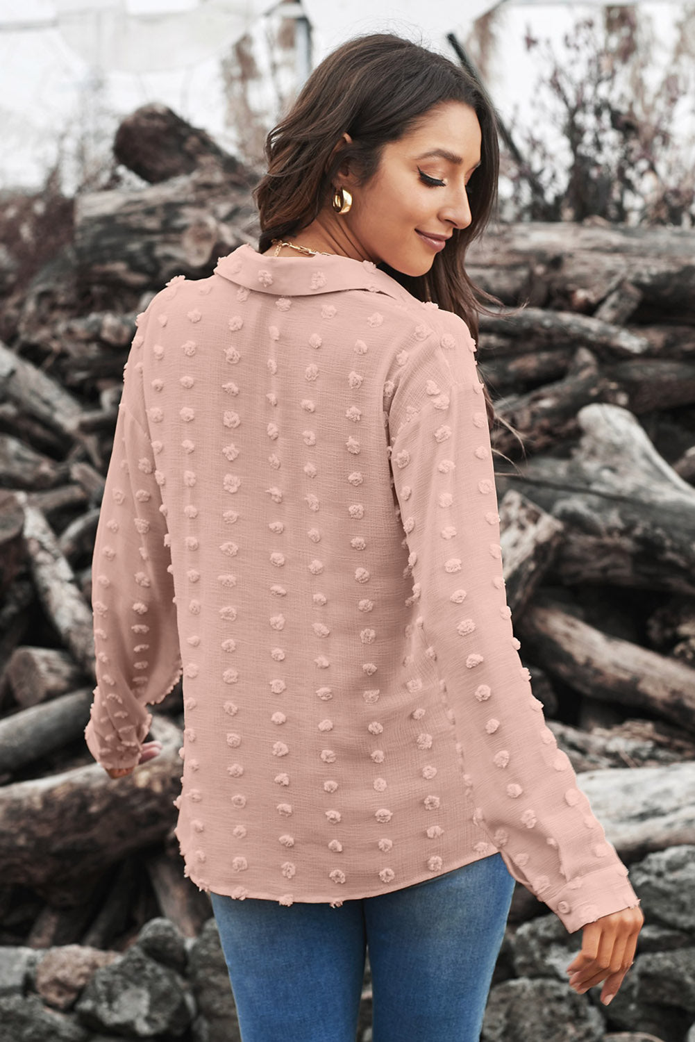 Gray Long Sleeve Button Fuzzy Polka Dot Shirt