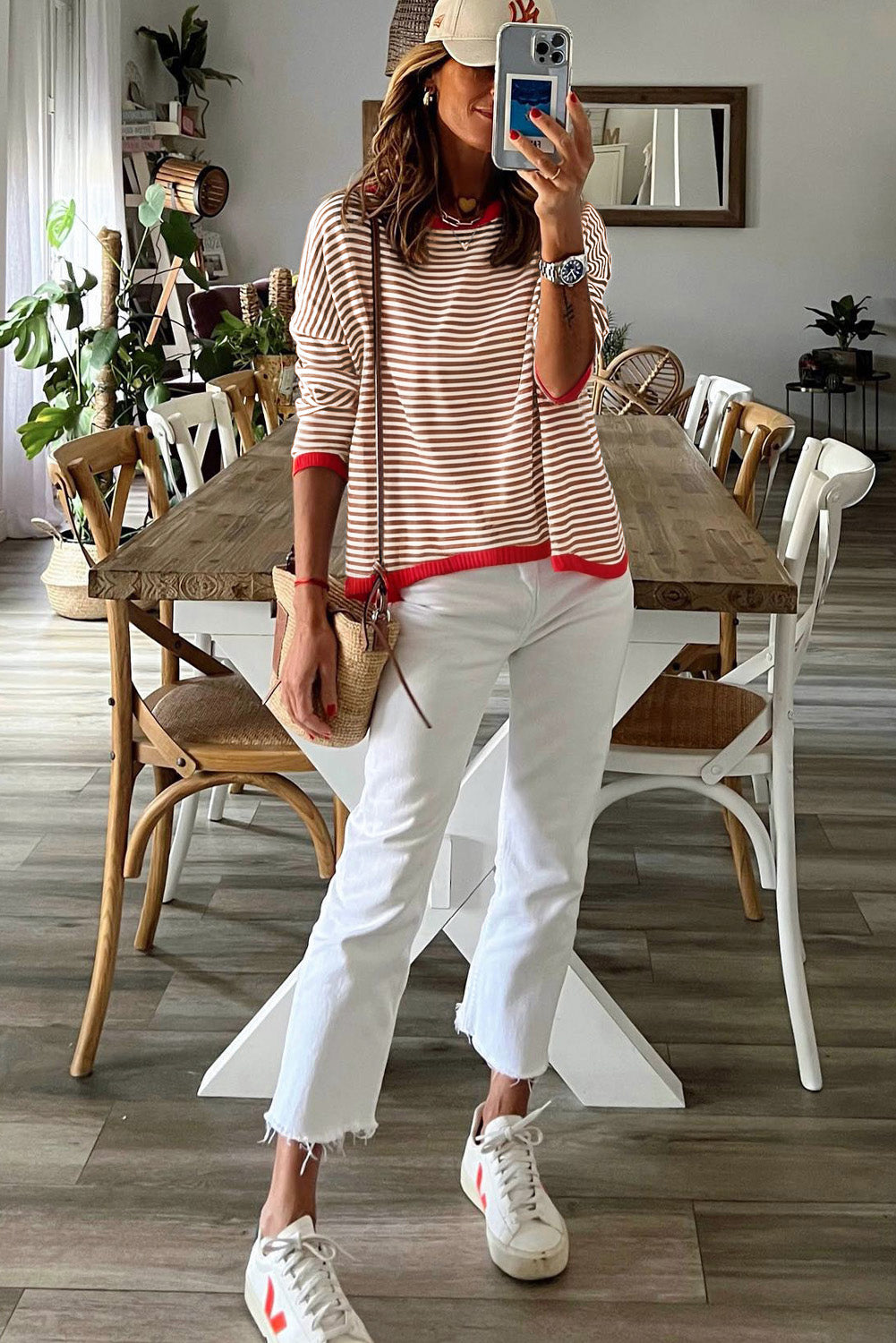Fiery Red Contrast Trimmed Striped Drop Shoulder Sweater