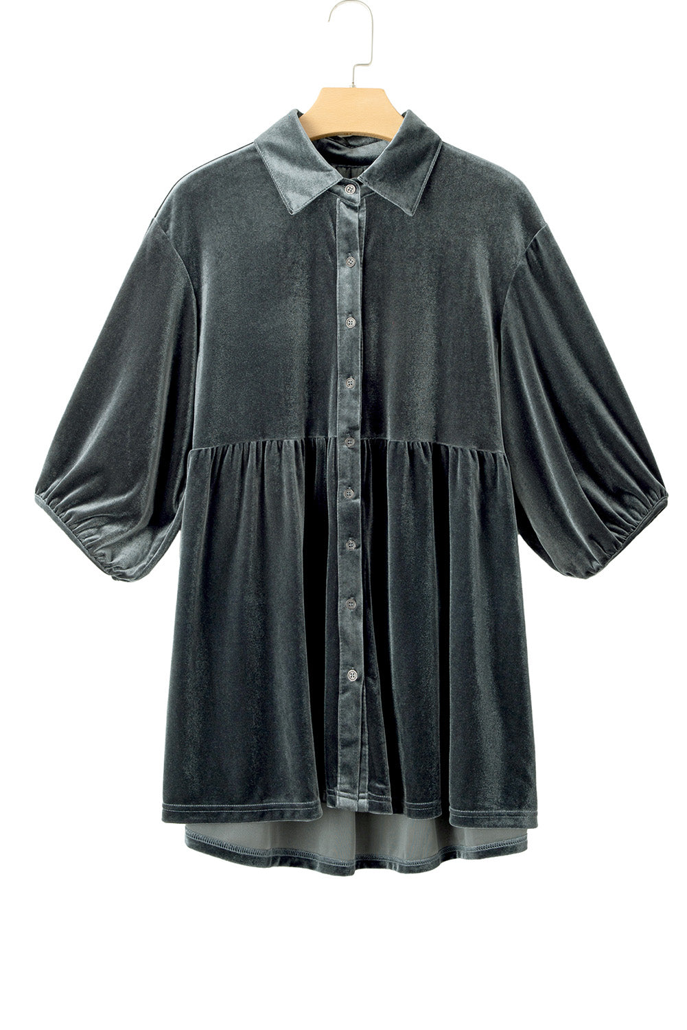Pale Khaki 3/4 Sleeve Tunic Babydoll Velvet Shirt