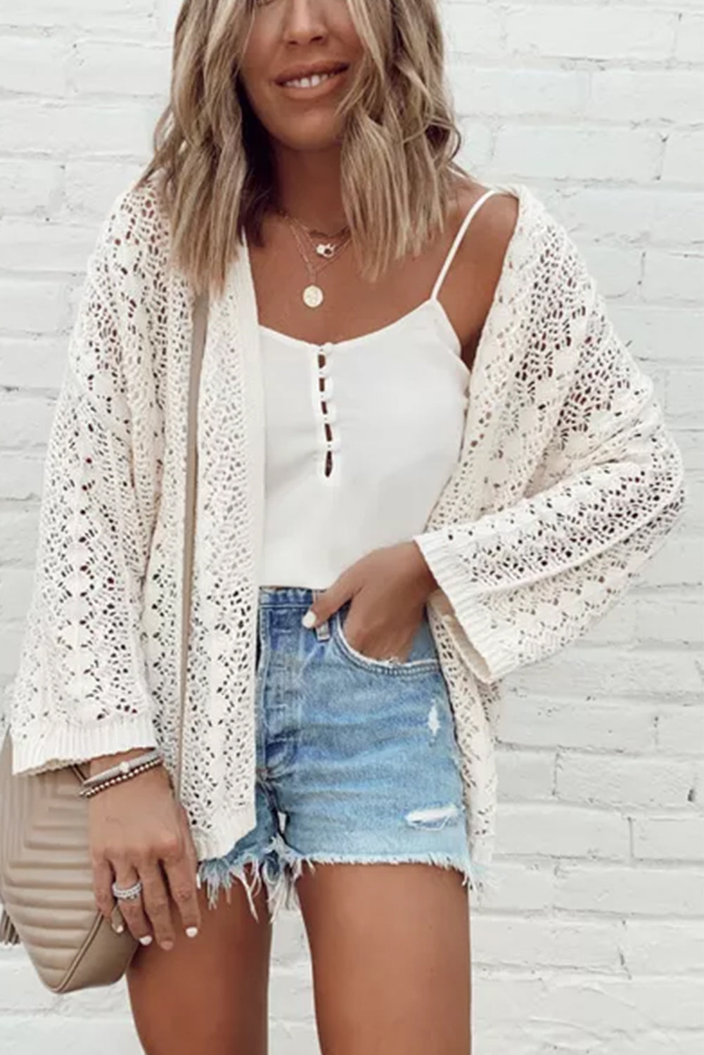 Black Hollow Out Knit Drop Shoulder Open Front Cardigan
