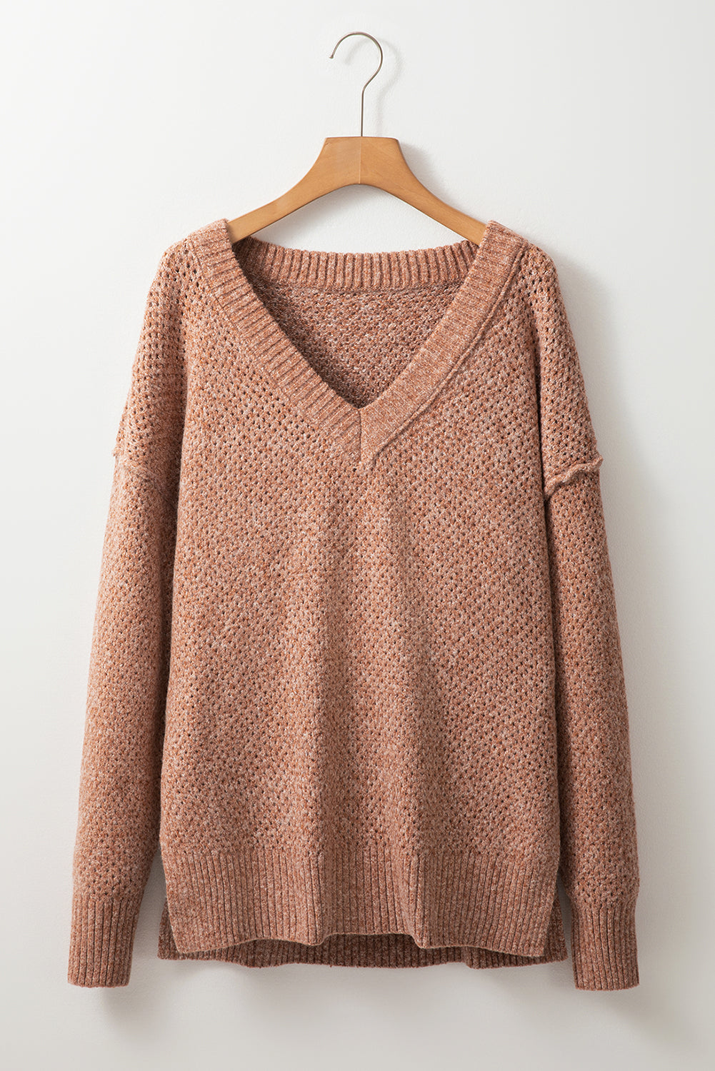 Jungle Green Loose Eyelet V Neck Drop Shoulder Sweater