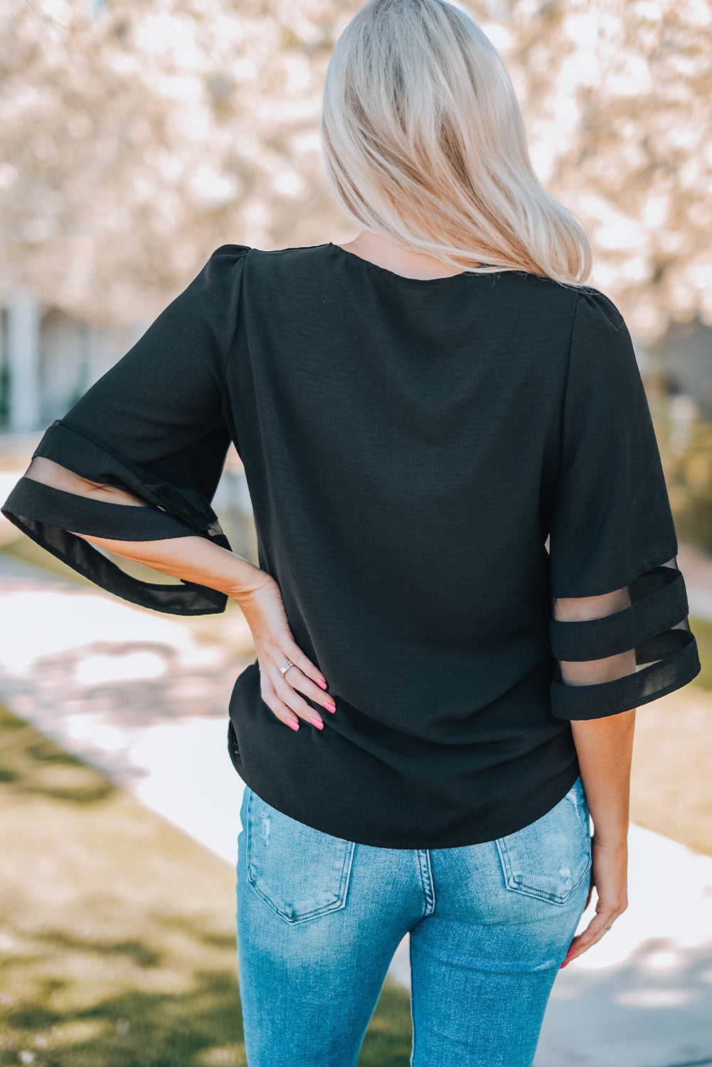 Green Flare Sleeve V Neck Loose Blouse