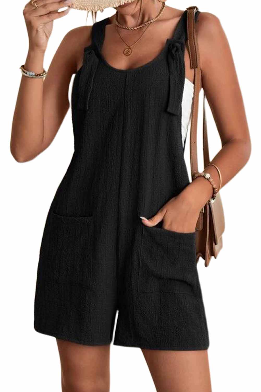 Pink Adjustable Straps Pocketed Textured Romper