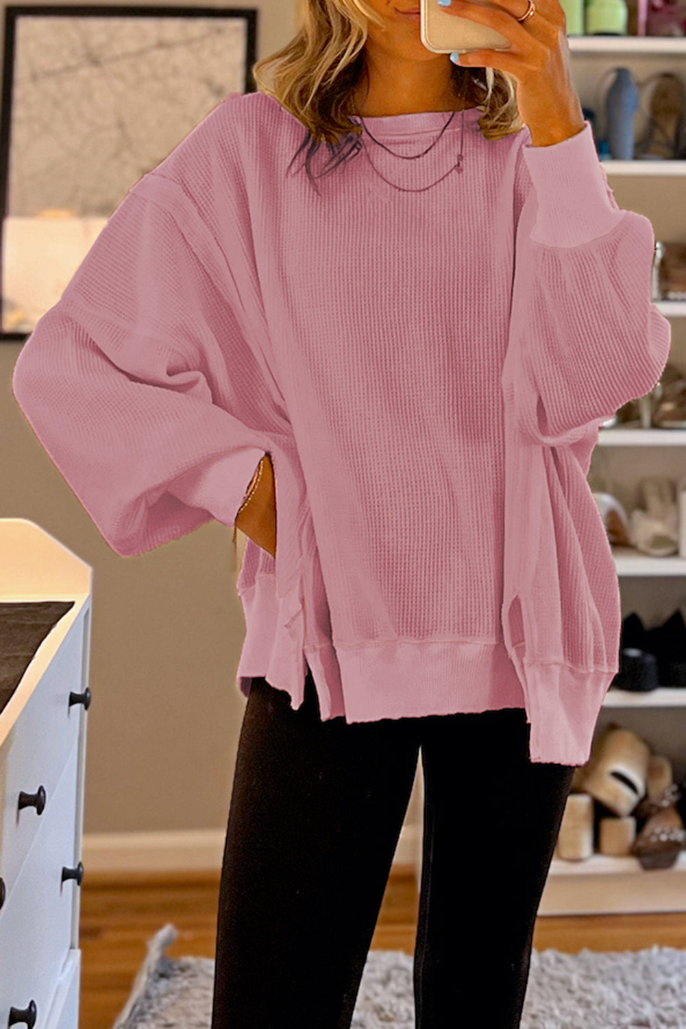 Gray Waffle knit Bishop Sleeve Split Oversized Top