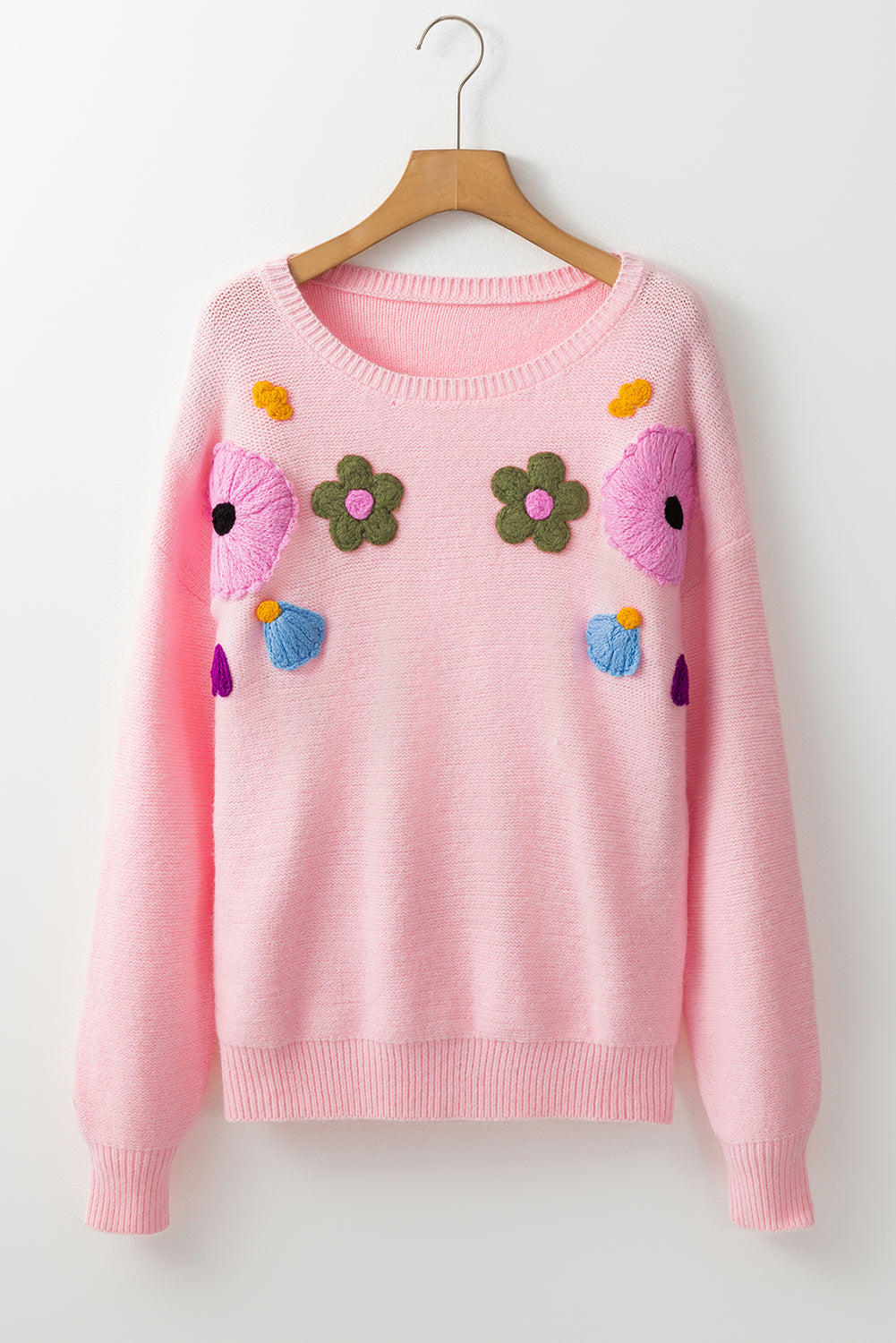 Light Blue Knitted Flower Pattern Ribbed Edge Sweater