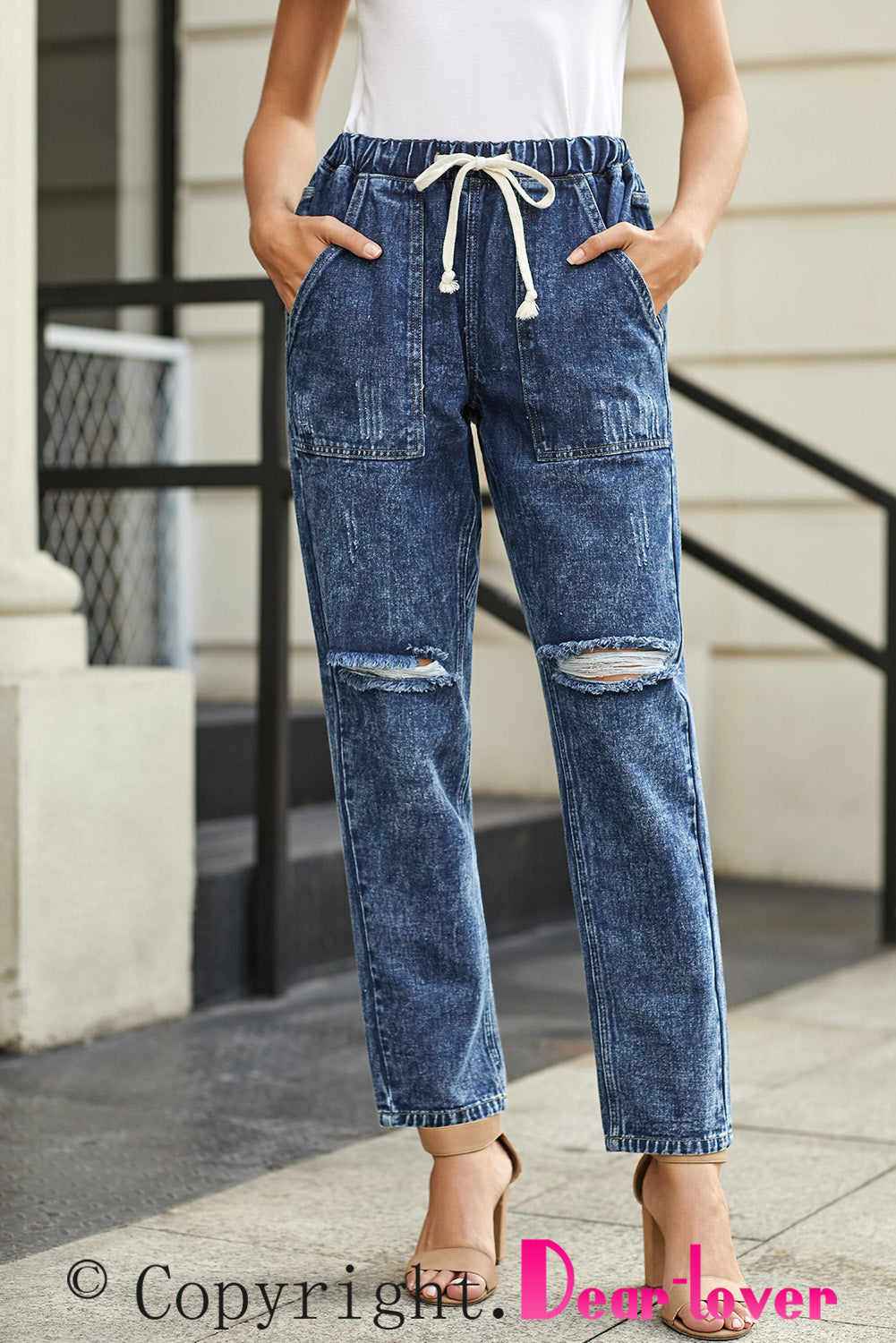 Sky Blue Gather Round Distressed Pocketed Denim Jogger