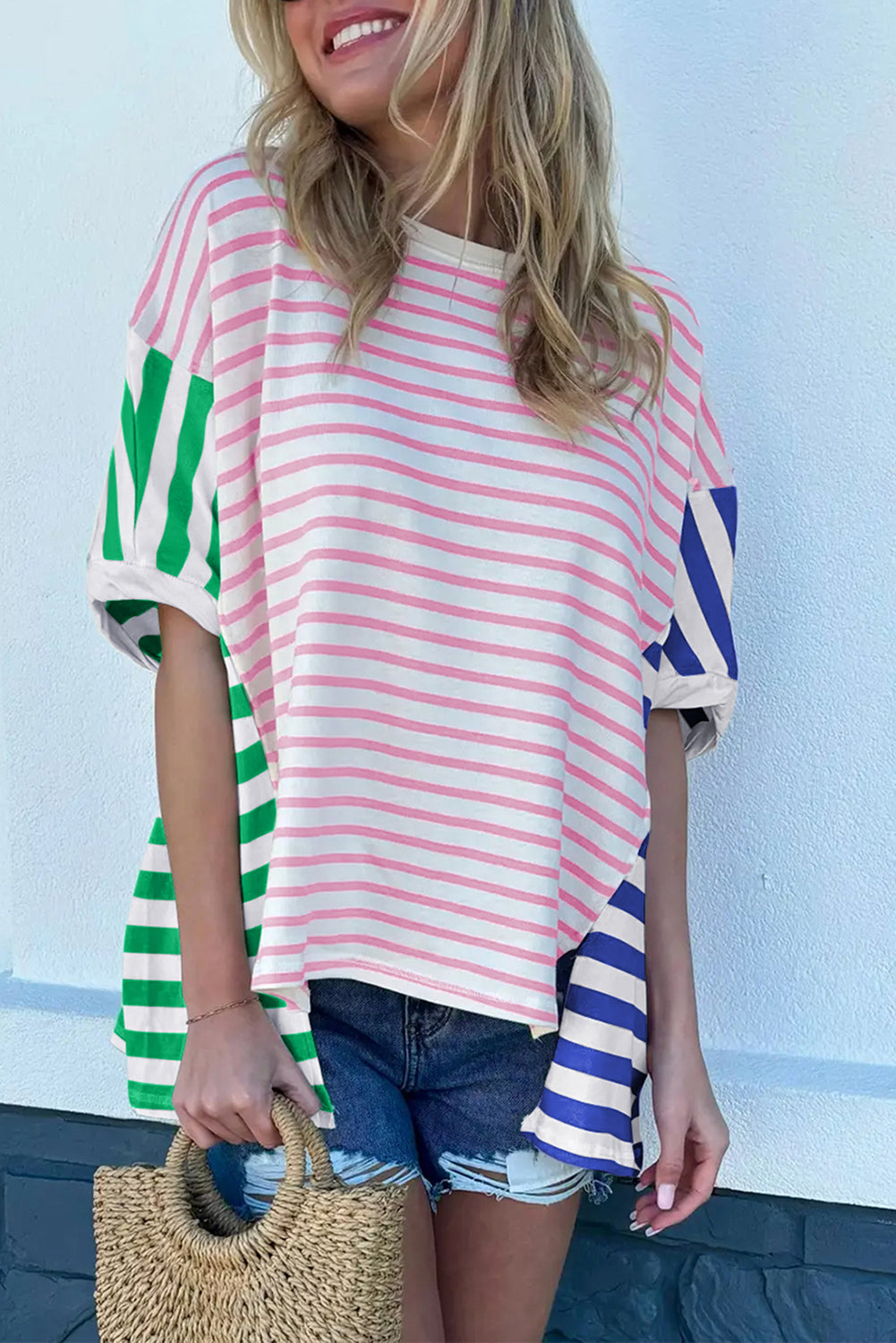 Blue Stripe Colorblock Patchwork Baggy T Shirt