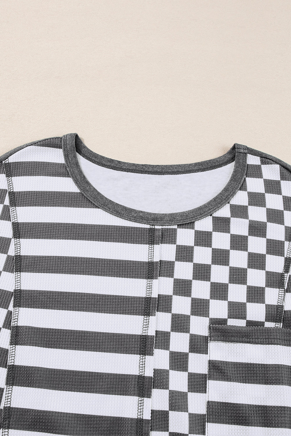 Rose Red Checkerboard Striped Patchwork Lantern Sleeve Pocketed Blouse