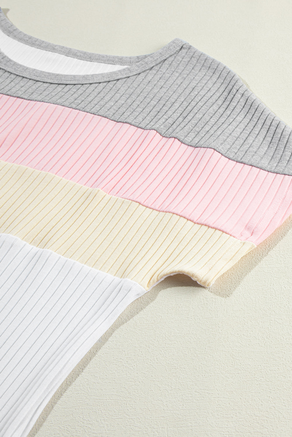 Gray Ribbed Color Block Patchwork T-shirt