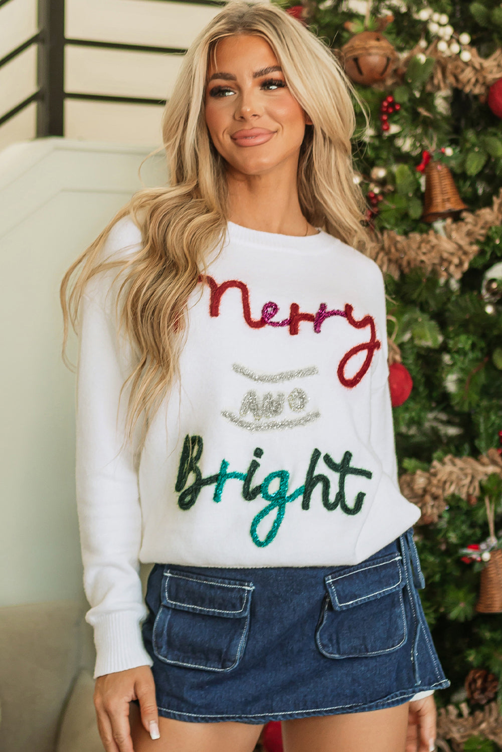 Black Tinsel Merry and Bright Graphic Christmas Sweater