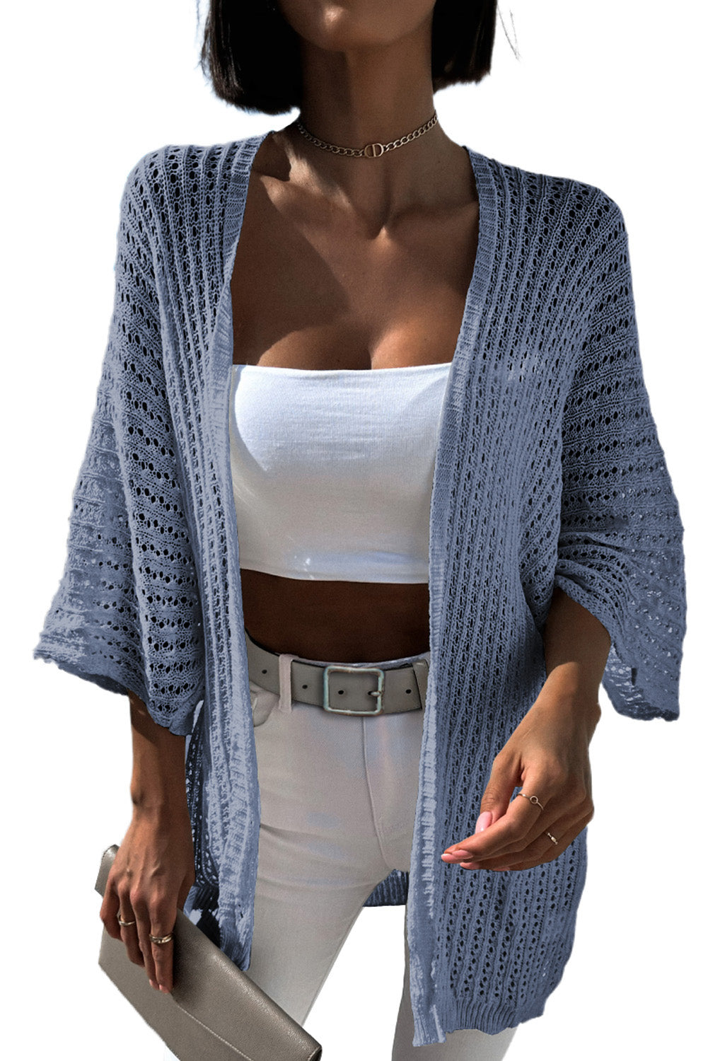 Sky Blue Hollow-out Bracelet Sleeve Knit Cardigan