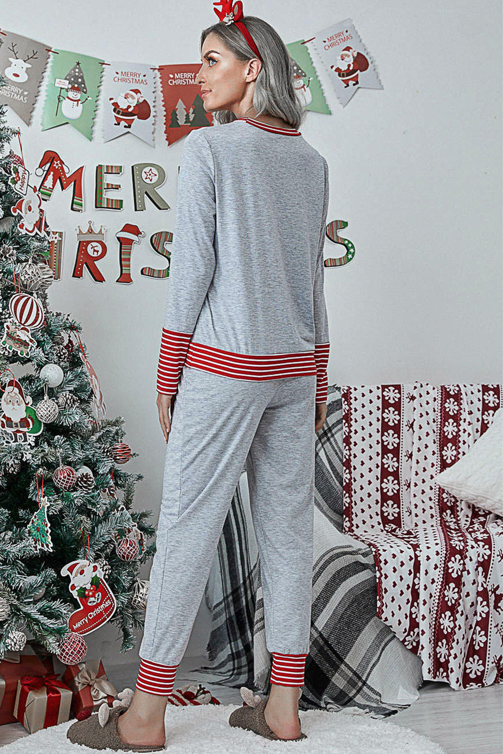 Dark Green Christmas Striped Contrast Two Piece Lounge Set