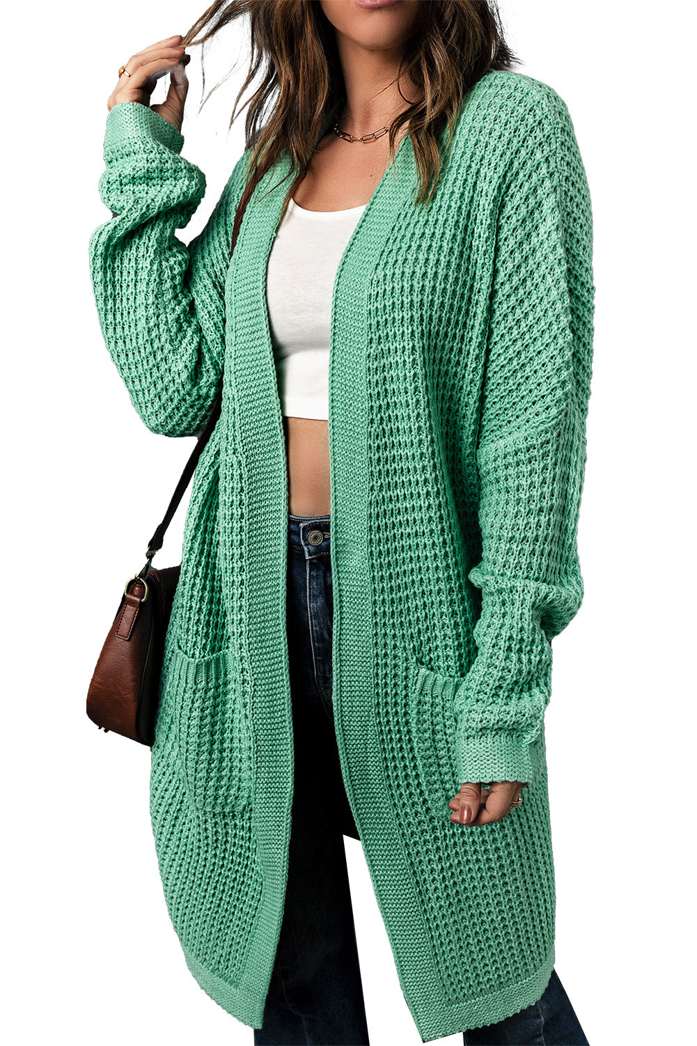 Green Long Line Open Front Knitted Cardigan with Pockets