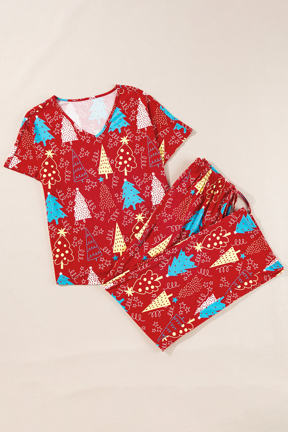 Green Christmas Tree Print V Neck Tee and Pants Lounge Set