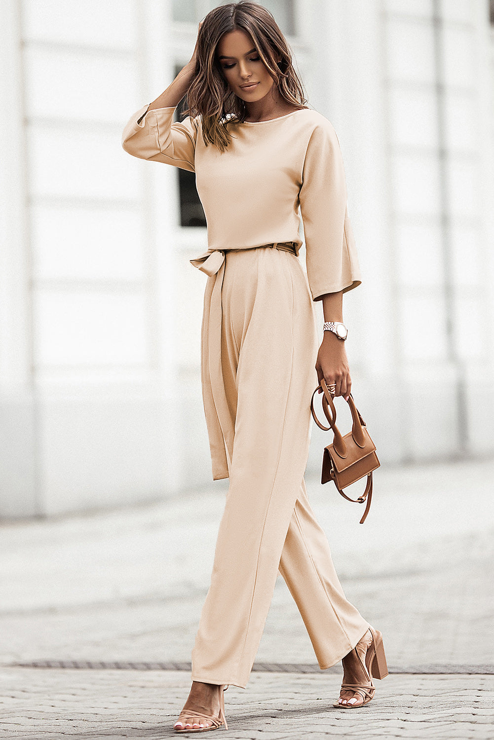 Blue Bracelet Sleeve Waist Tie Wide Leg Jumpsuit