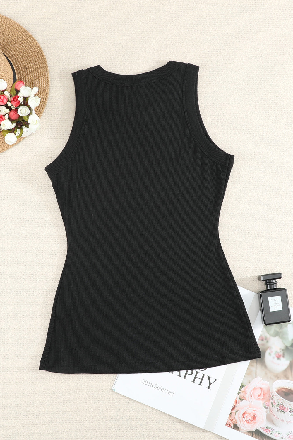 Solid White Round Neck Ribbed Tank Top