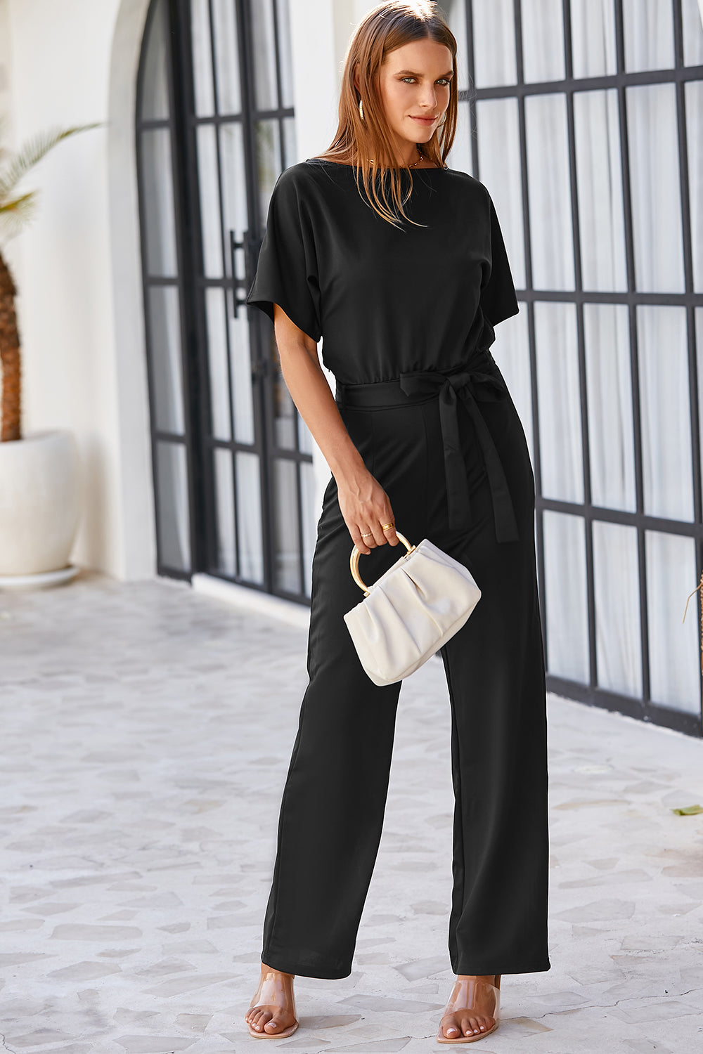 Blue Belted Wide Leg Jumpsuit