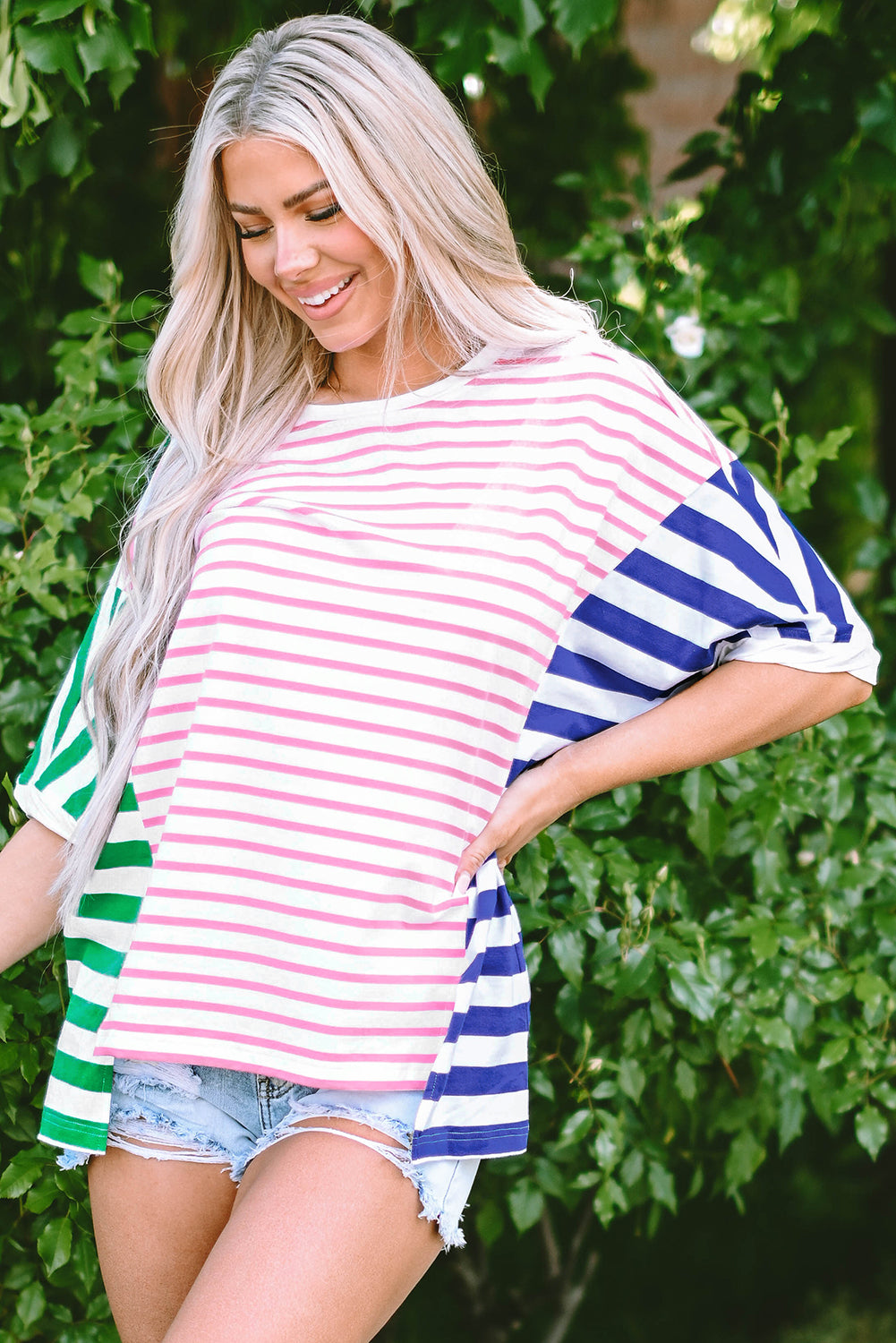 Blue Stripe Colorblock Patchwork Baggy T Shirt