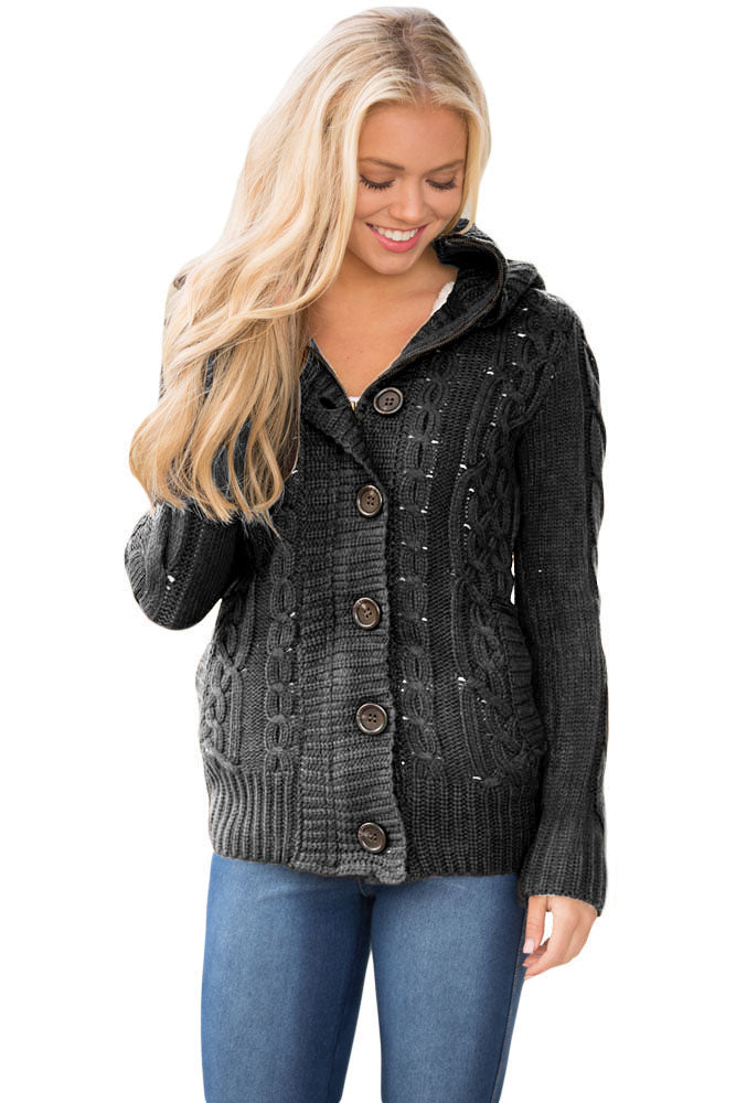 Navy Blue Long Sleeve Button-up Hooded Cardigans