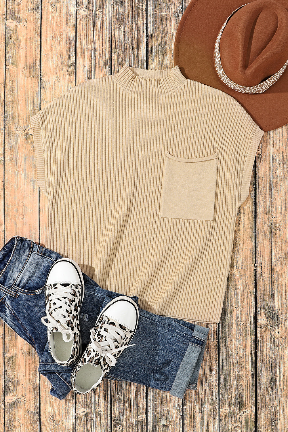 Beau Blue Patch Pocket Ribbed Knit Short Sleeve Sweater