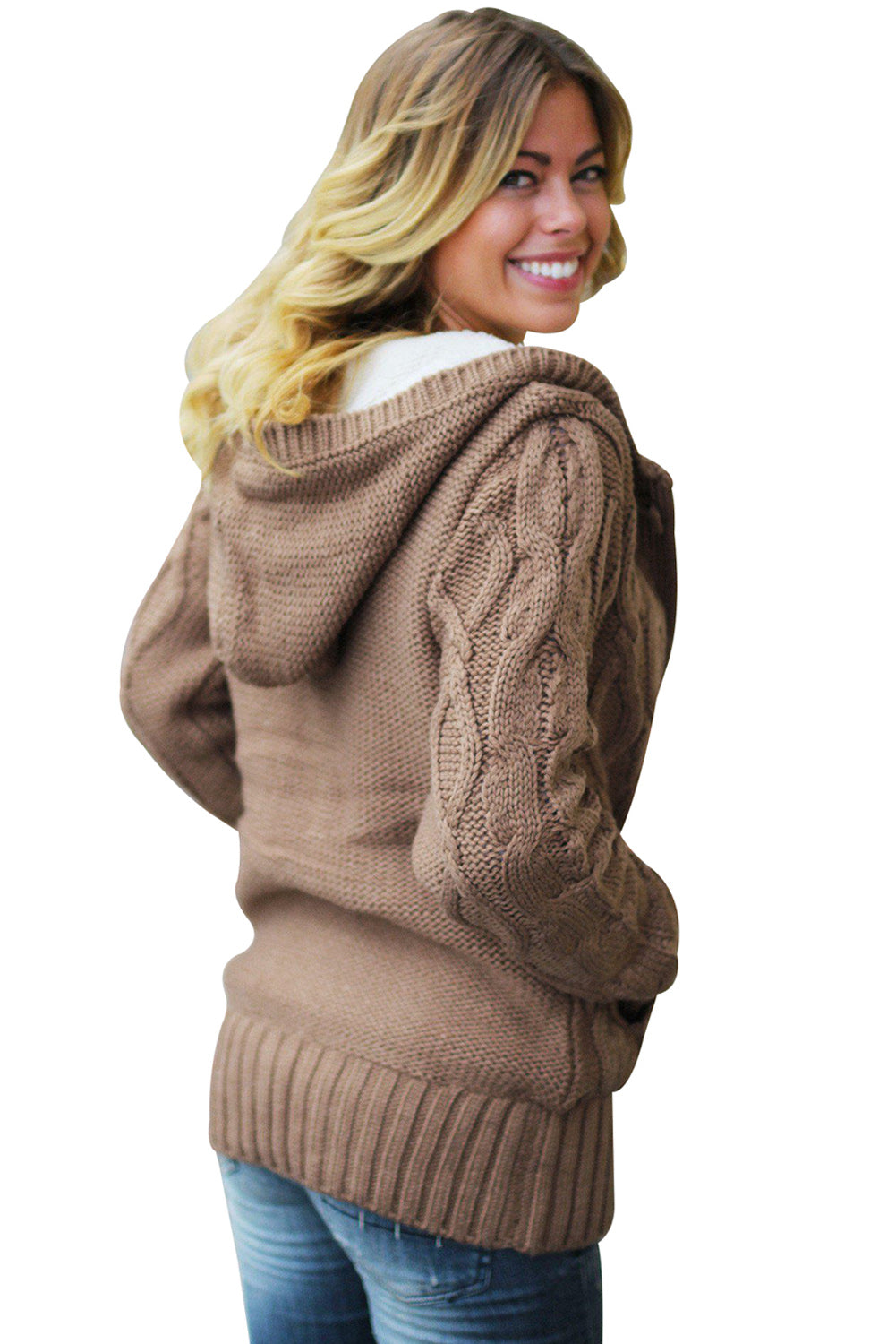 Fur Hood Horn Button Sweater Cardigan