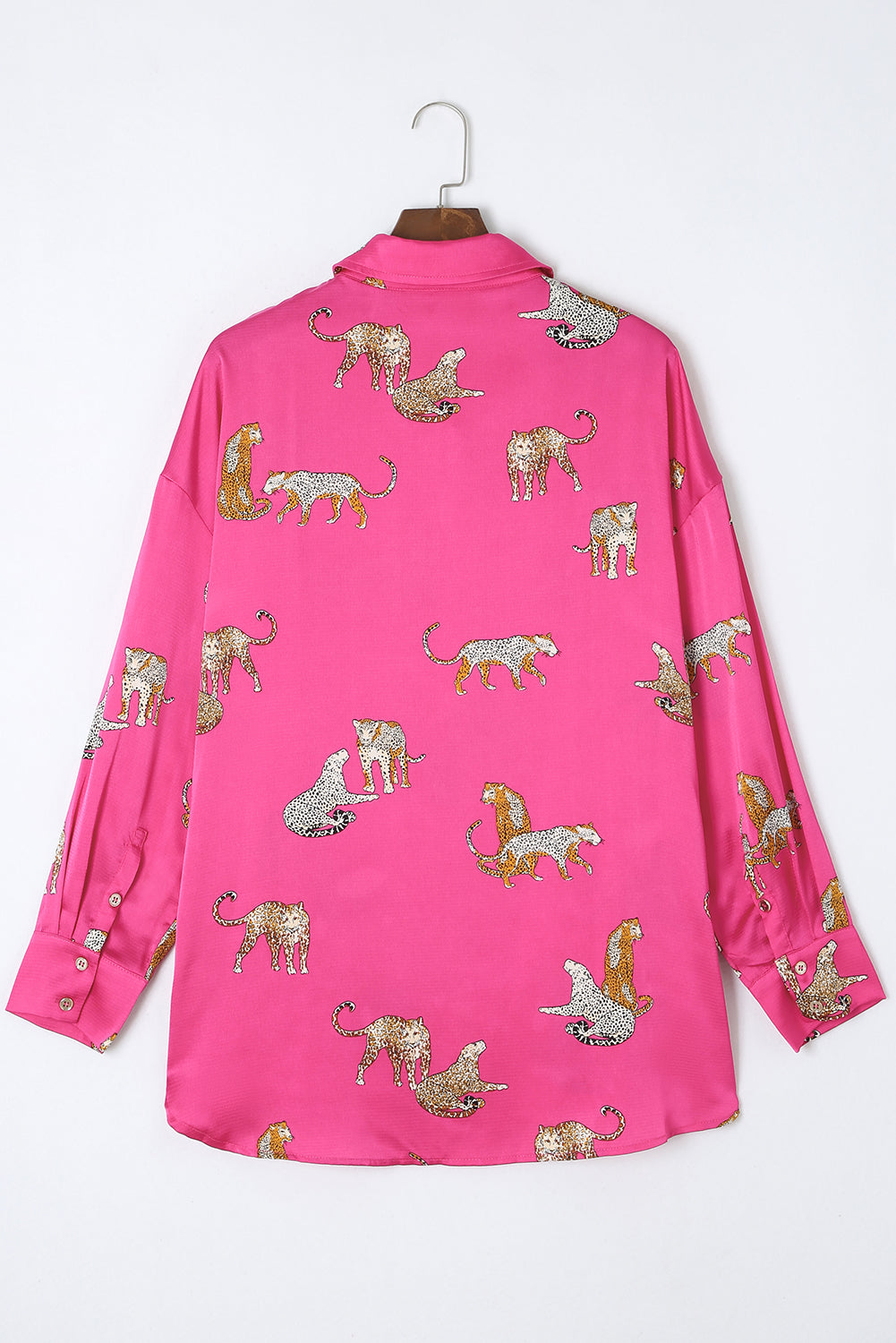 Russet Orange Cheetah Animal Print Button Up Satin Shirt