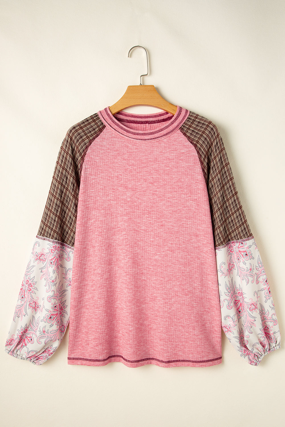 Jet Stream Mixed Print Raglan Sleeve Ribbed Knit Patchwork Blouse