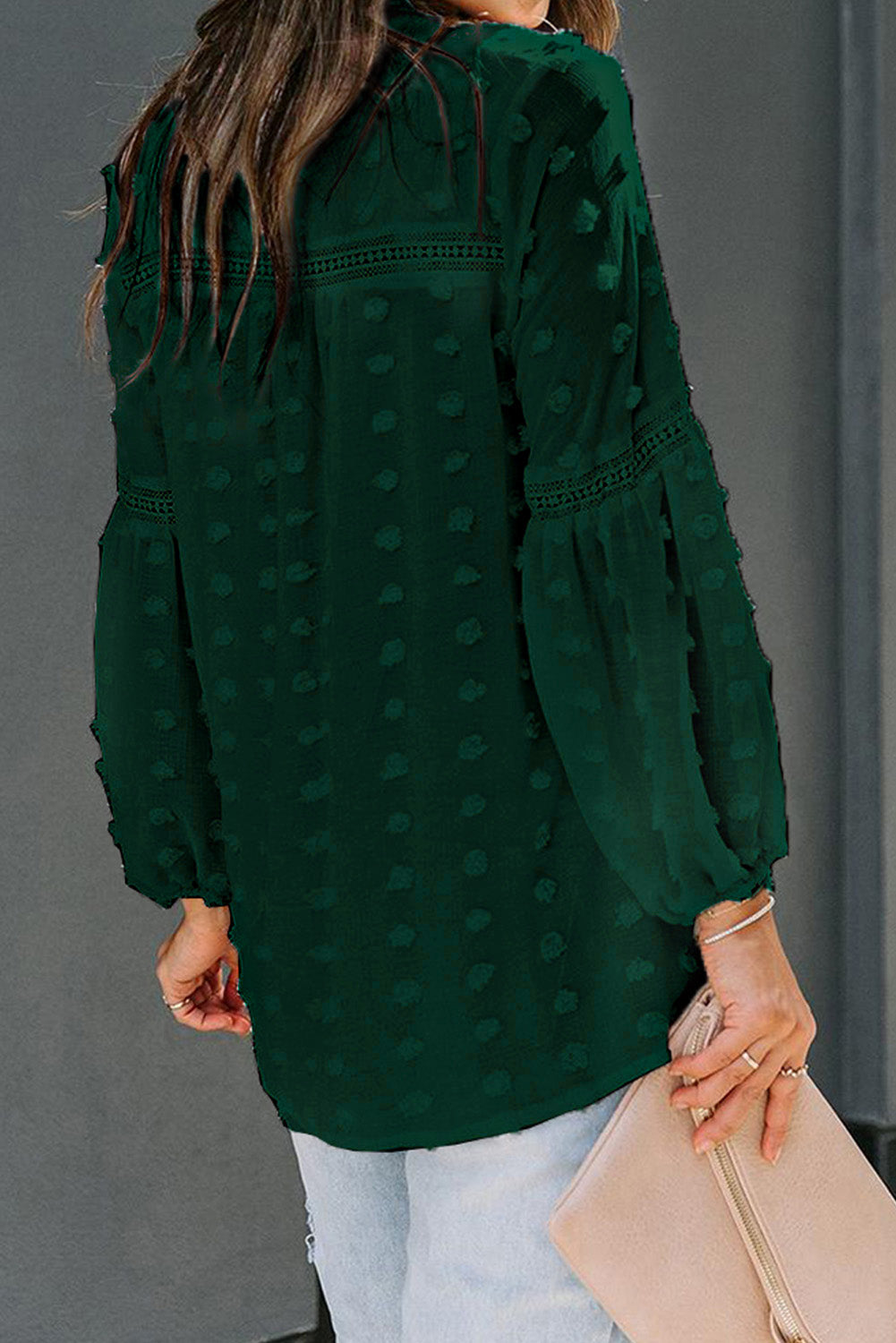 Blue Ruffled Split Neck Lace Hollow Out Puff Sleeve Polka Dot Blouse